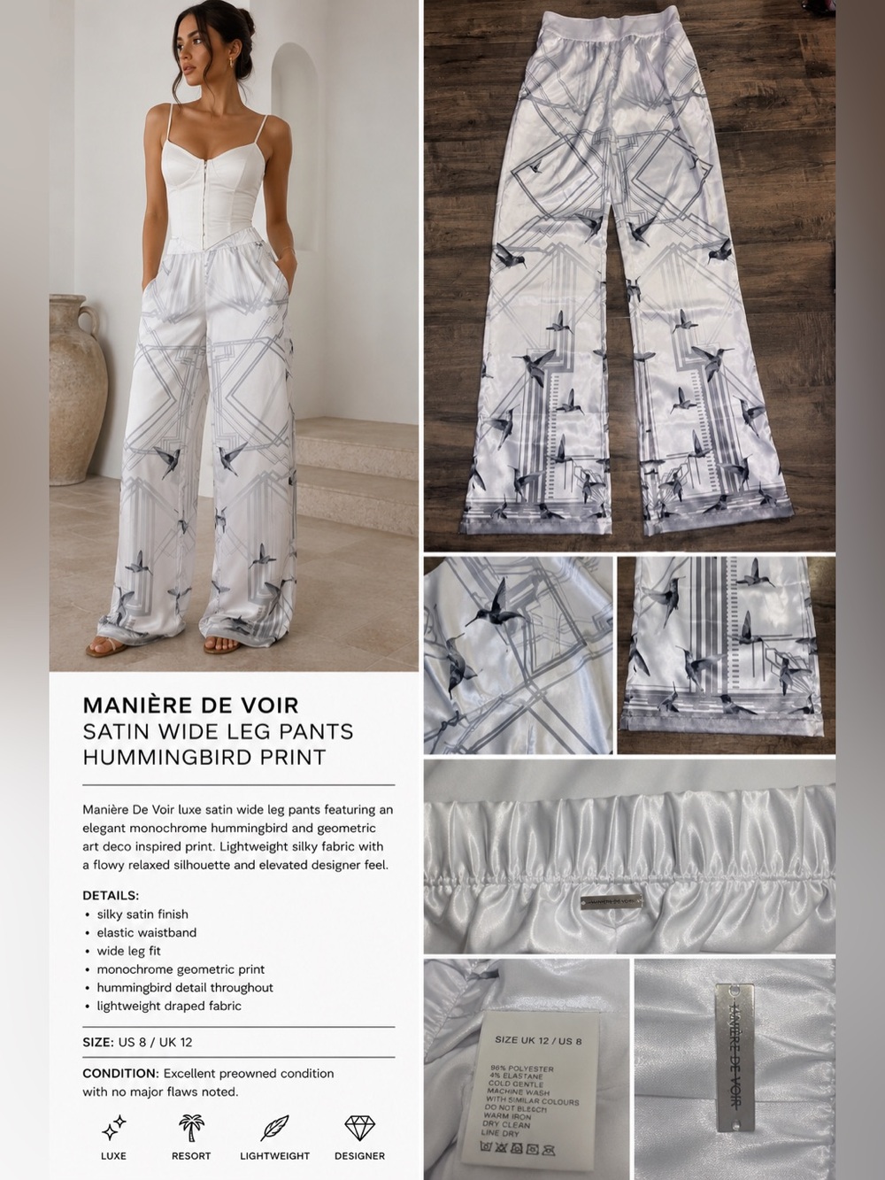 Manière De Voir Satin Wide Leg Pants Hummingbird Art Deco Sz UK 12 US 8 - Picture 11 of 11